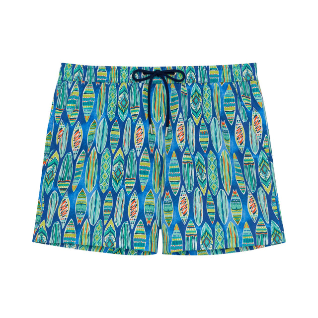 Colorful patterned swim shorts on a white background