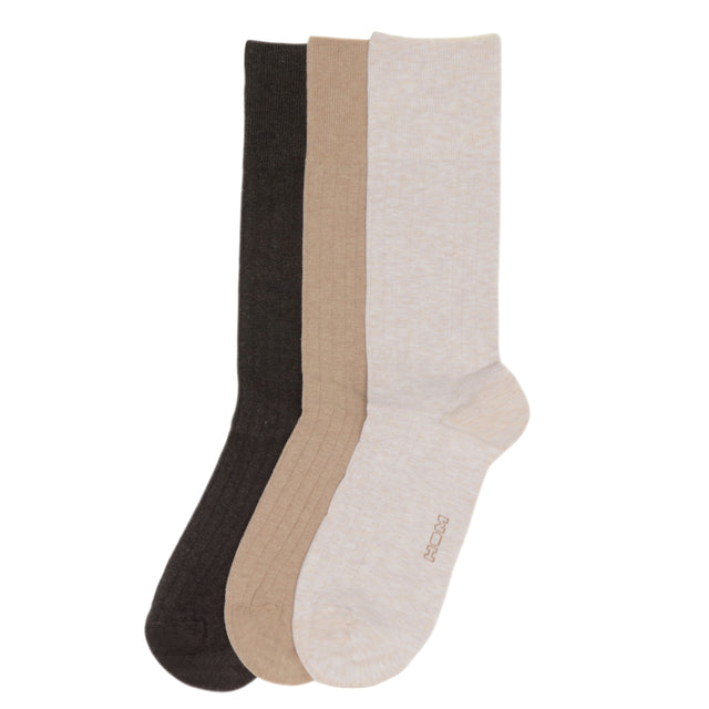 Three pairs of socks in tan, brown, and beige on a white background