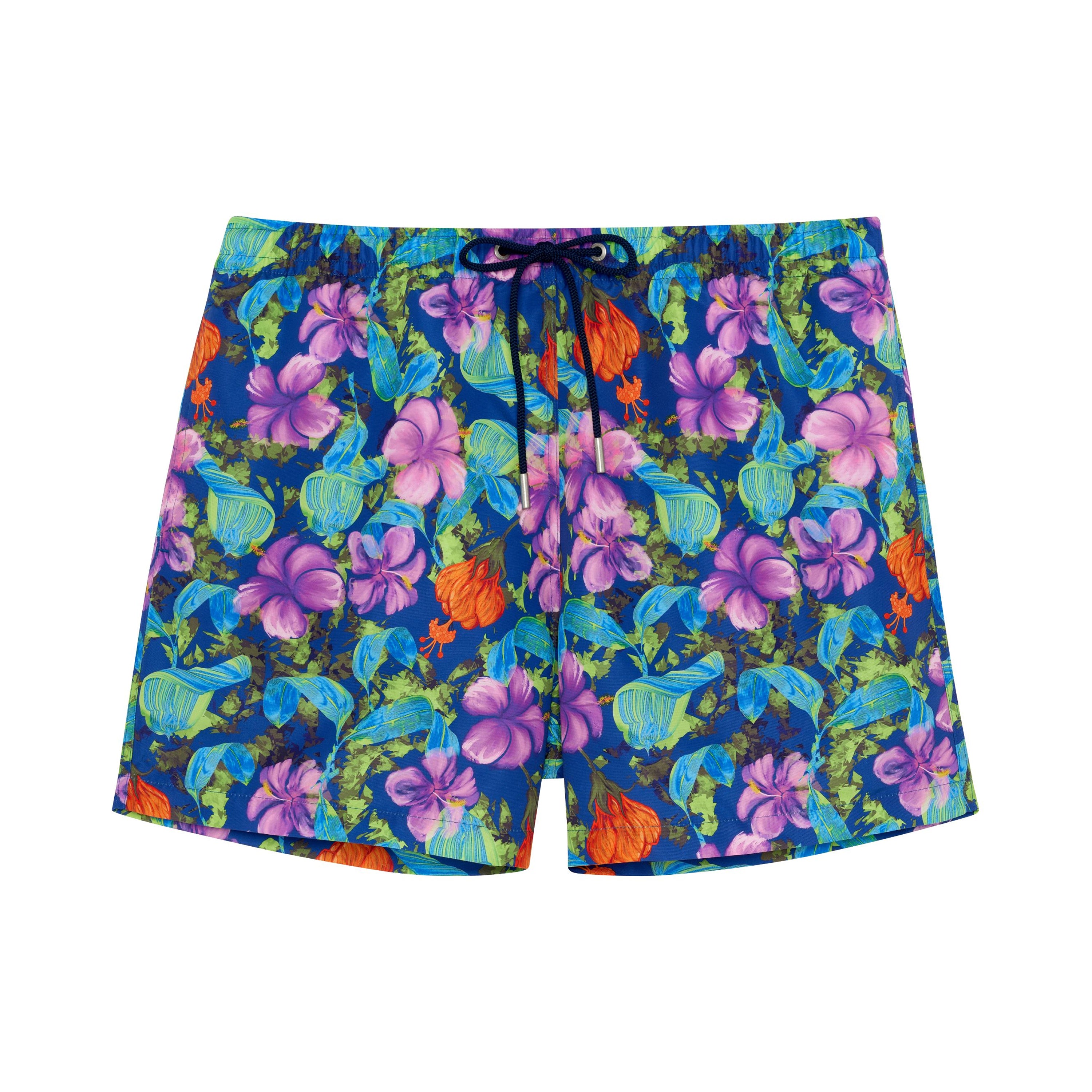 Colorful floral-patterned shorts on a white background