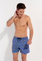 A pair of navy blue beach boxer shorts with a colorful marble print and a drawstring waist.