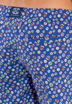 A pair of navy blue beach boxer shorts with a colorful marble print and a drawstring waist.