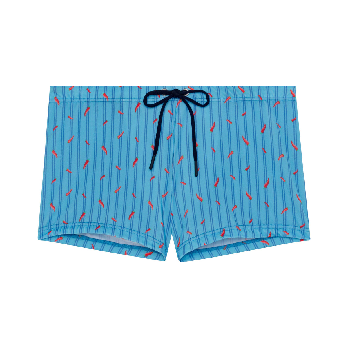 Blue swim shorts with red pepper pattern and drawstring on a white background