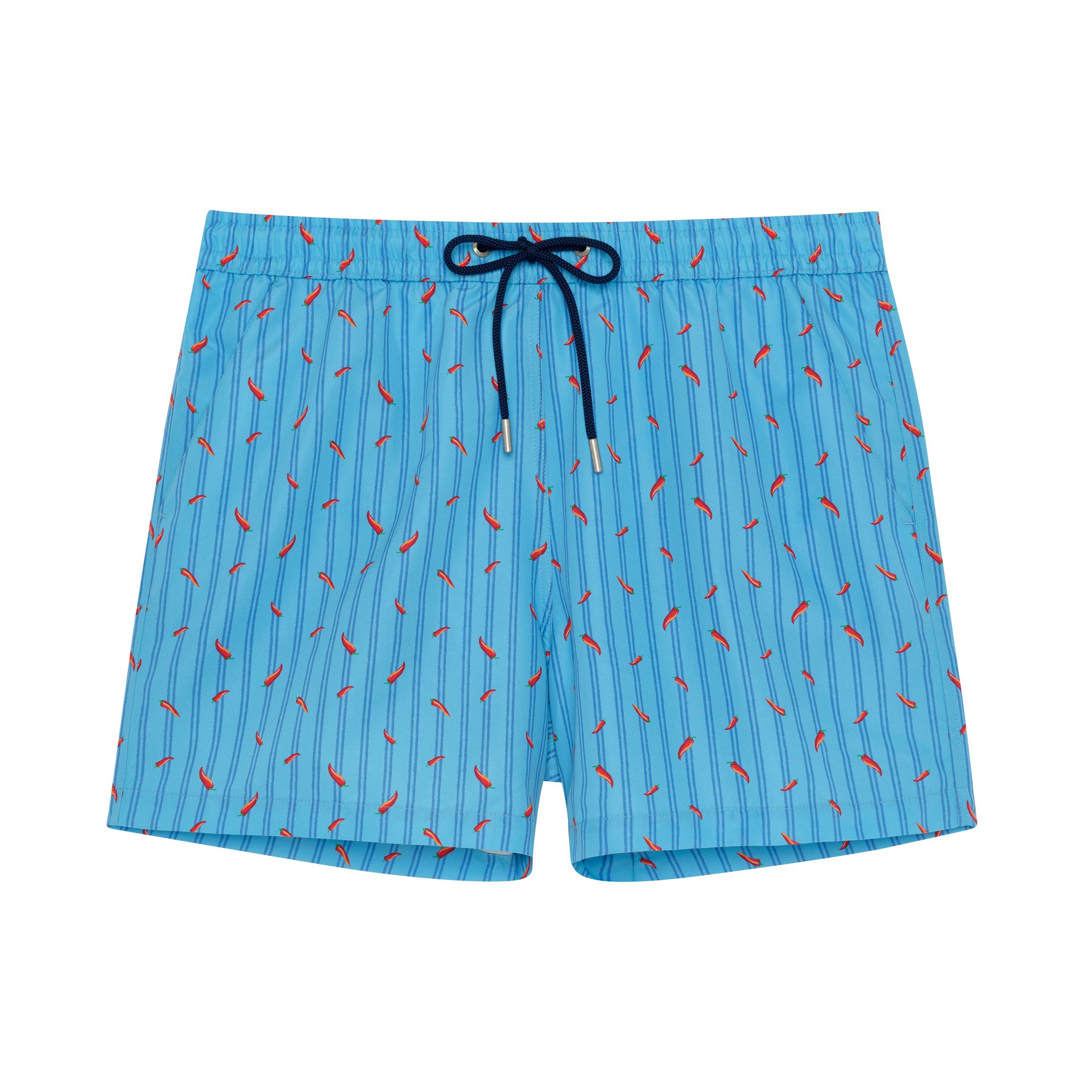 Blue swim shorts with red pepper pattern on a white background