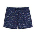 Navy shorts with colorful geometric pattern on a white background