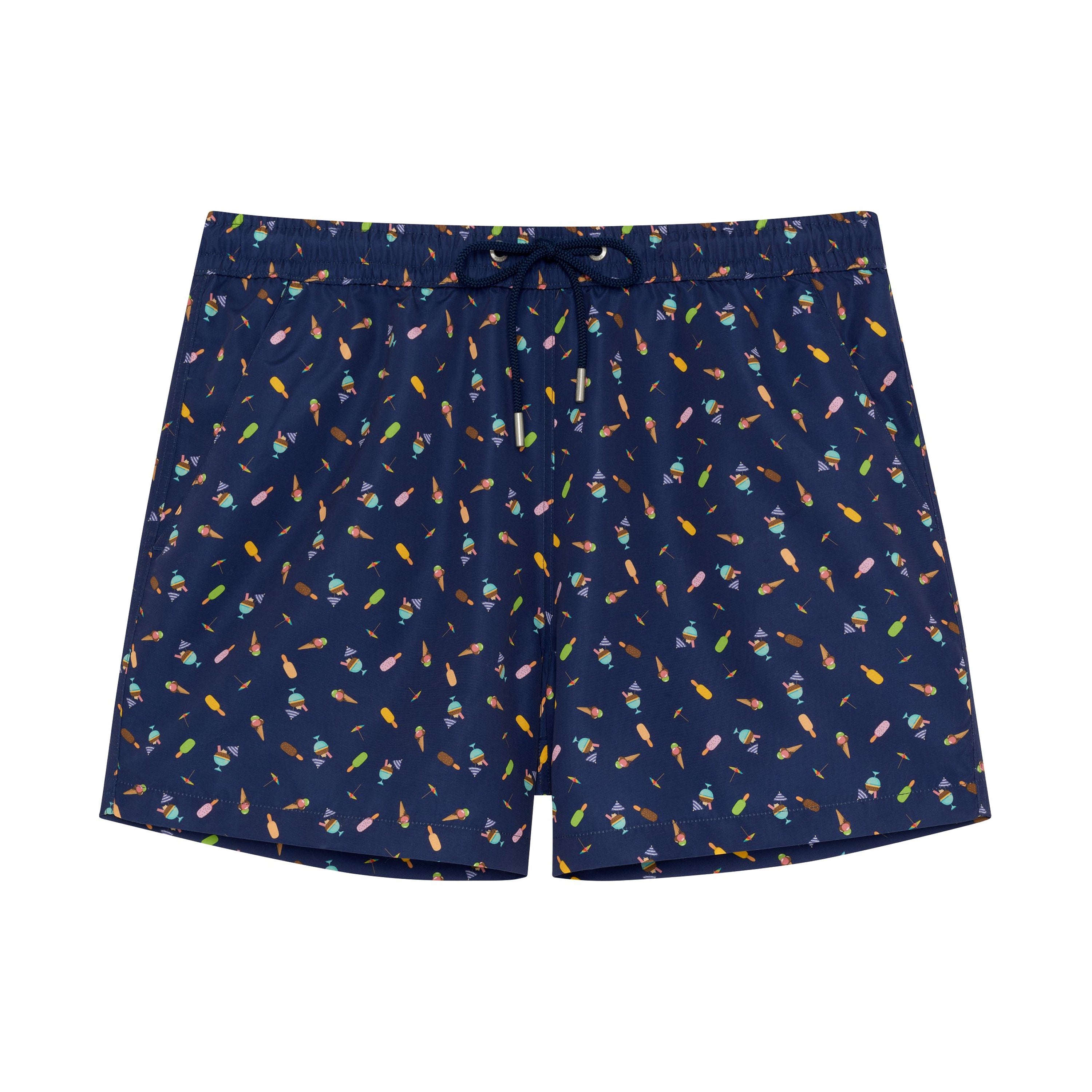 Navy shorts with colorful geometric pattern on a white background