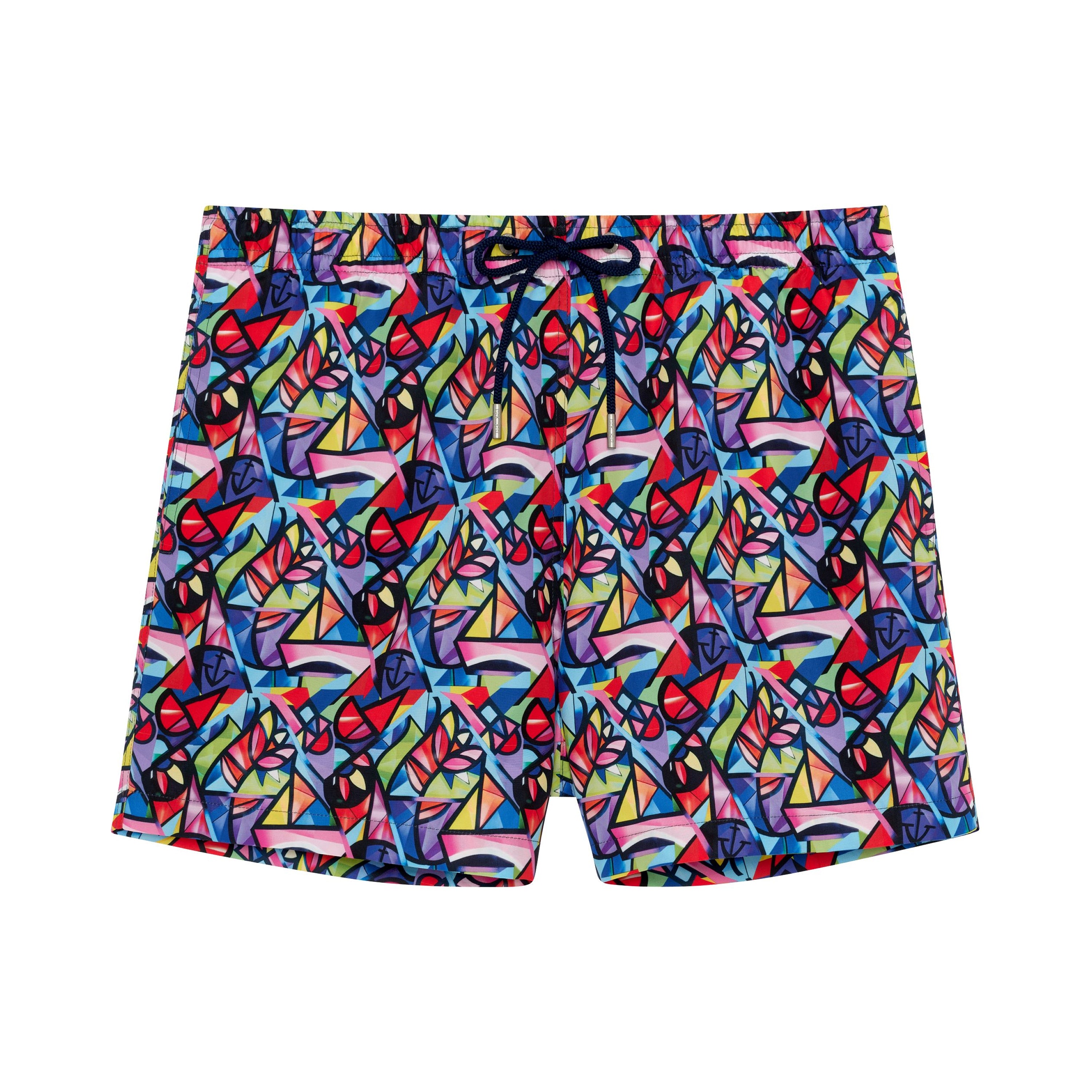 Colorful geometric patterned shorts on a white background