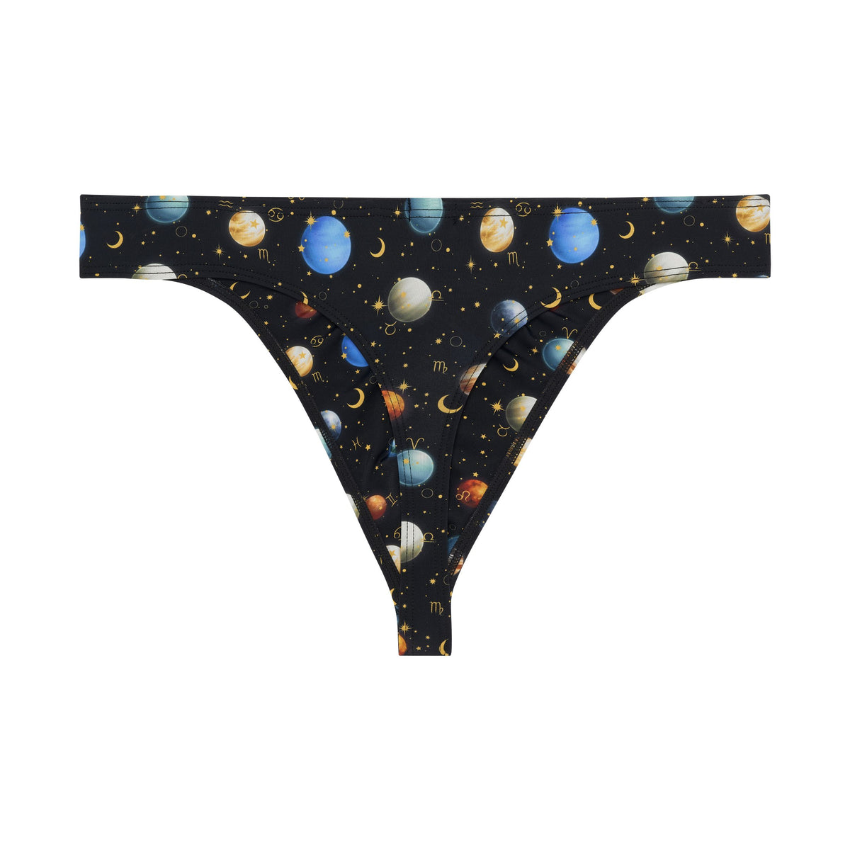 Thong with space-themed design featuring planets and stars on a black background