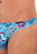 Colorful paisley-patterned men's underwear on a person.