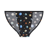 Briefs with space-themed pattern featuring planets and stars on a white background