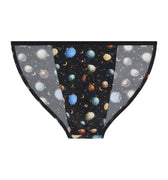 Briefs with space-themed pattern featuring planets and stars on a white background
