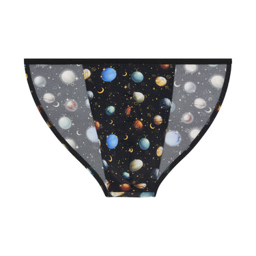 Briefs with space-themed pattern featuring planets and stars on a white background