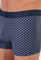 Navy patterned boxer briefs with a brand logo on the waistband.