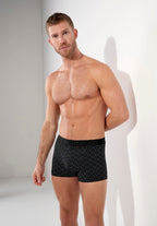 Man wearing black patterned underwear against a white background