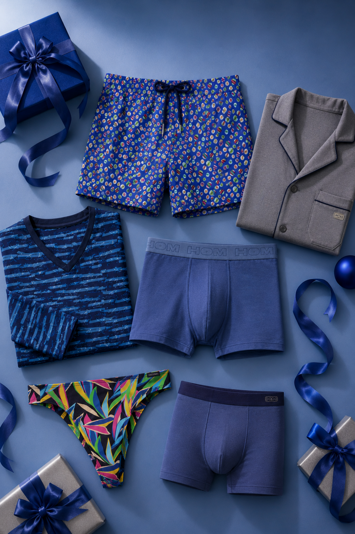 A flat-lay gift set of men's loungewear and underwear on a blue background, featuring a blue patterned pajama short, a gray pajama set, a blue striped V-neck shirt, solid blue boxer briefs, a multicolor geometric thong, and a solid navy boxer brief, accented with blue ribbons and gift boxes.