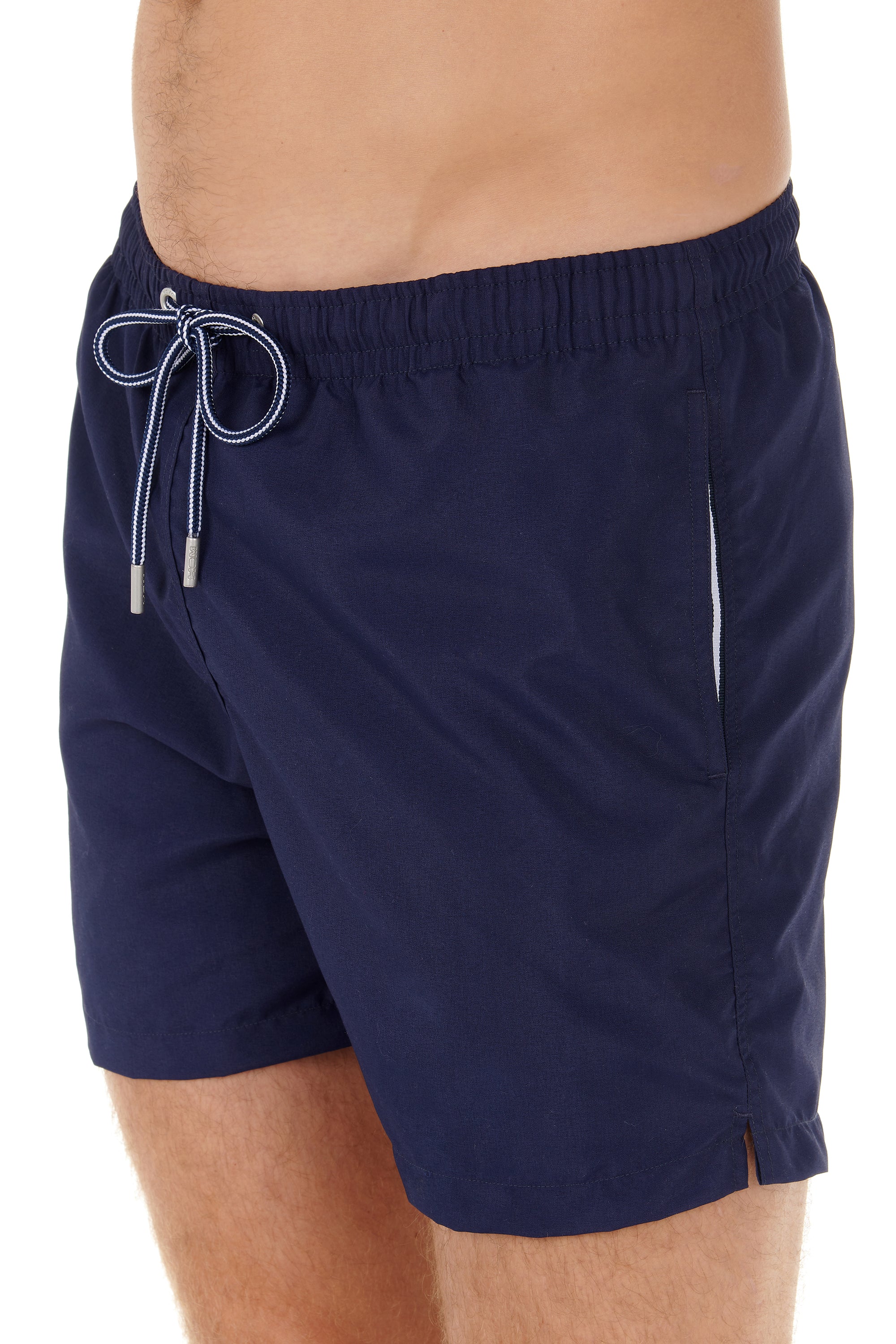 Navy blue swim shorts with a drawstring on a white background