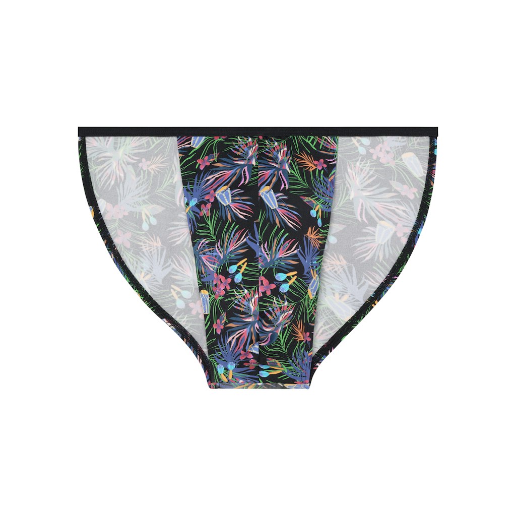 Floral-patterned tanga briefs on a white background