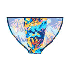 Colorful patterned tanga briefs on a white background