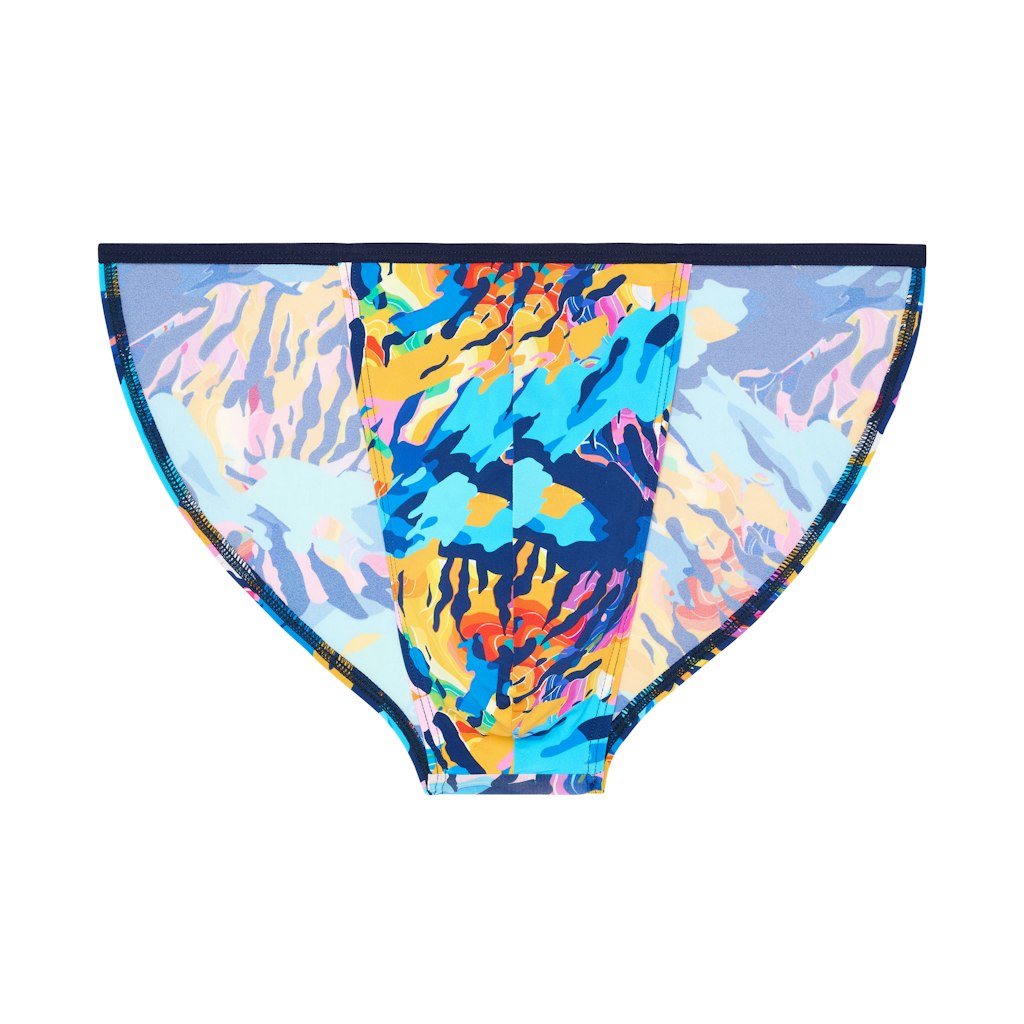 Colorful patterned tanga briefs on a white background
