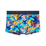 Colorful patterned boxer briefs on a white background