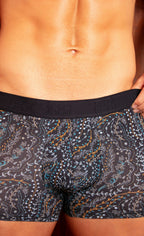 Patterned boxer briefs being worn by a person