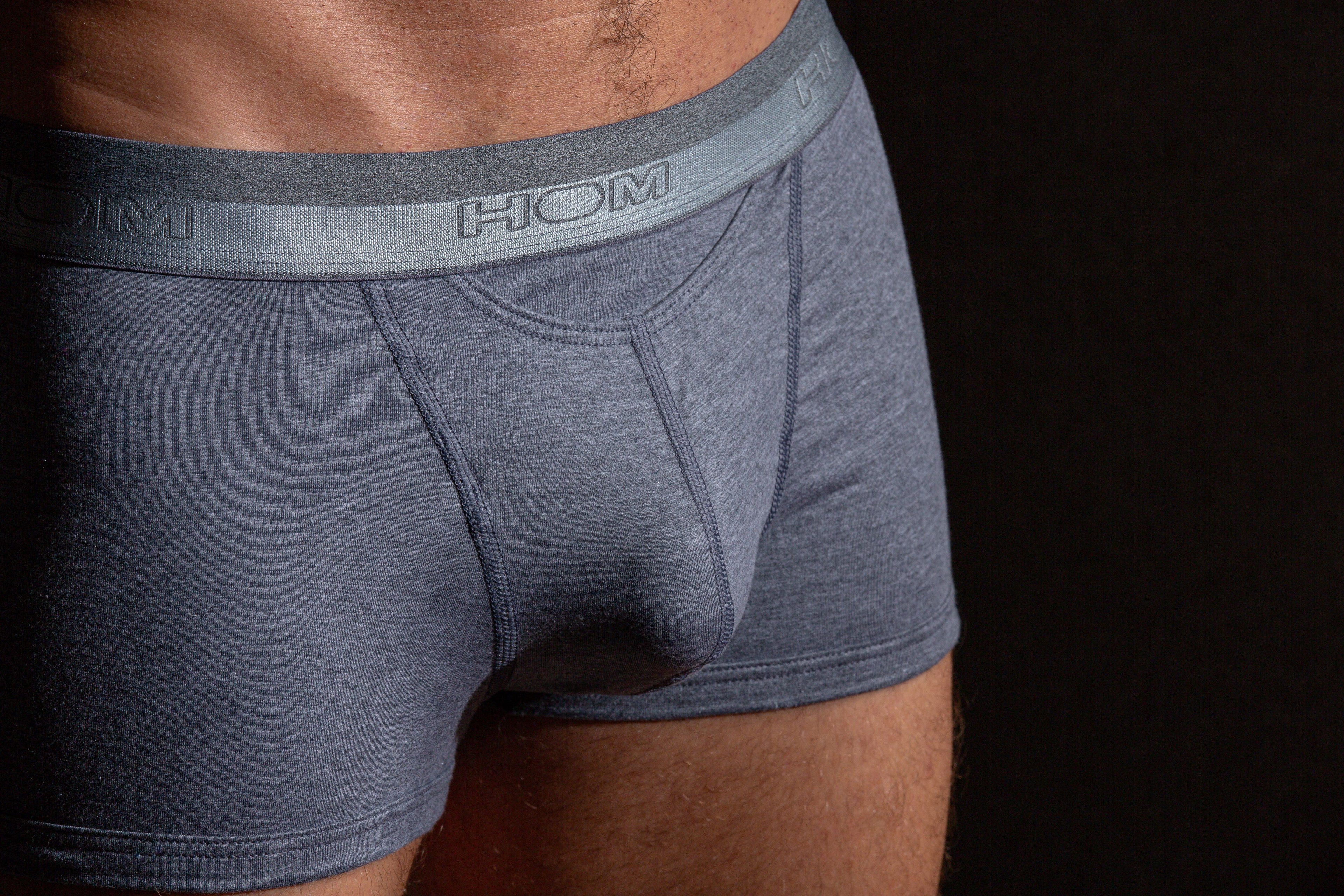 close-up image of male model wearing grey HO1 Boxer Briefs