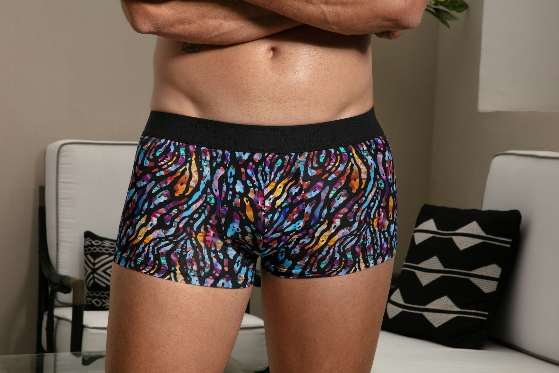 Person wearing colorful patterned underwear in a living room setting