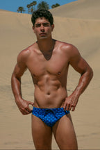 Man in blue swim trunks standing in a desert landscape with palm trees in the background