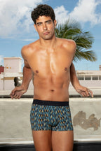 Man wearing patterned underwear standing on a rooftop with a clear sky and palm tree in the background
