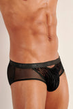 Black men's underwear with mesh design on a beige background