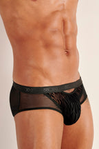 Black men's underwear with mesh design on a beige background