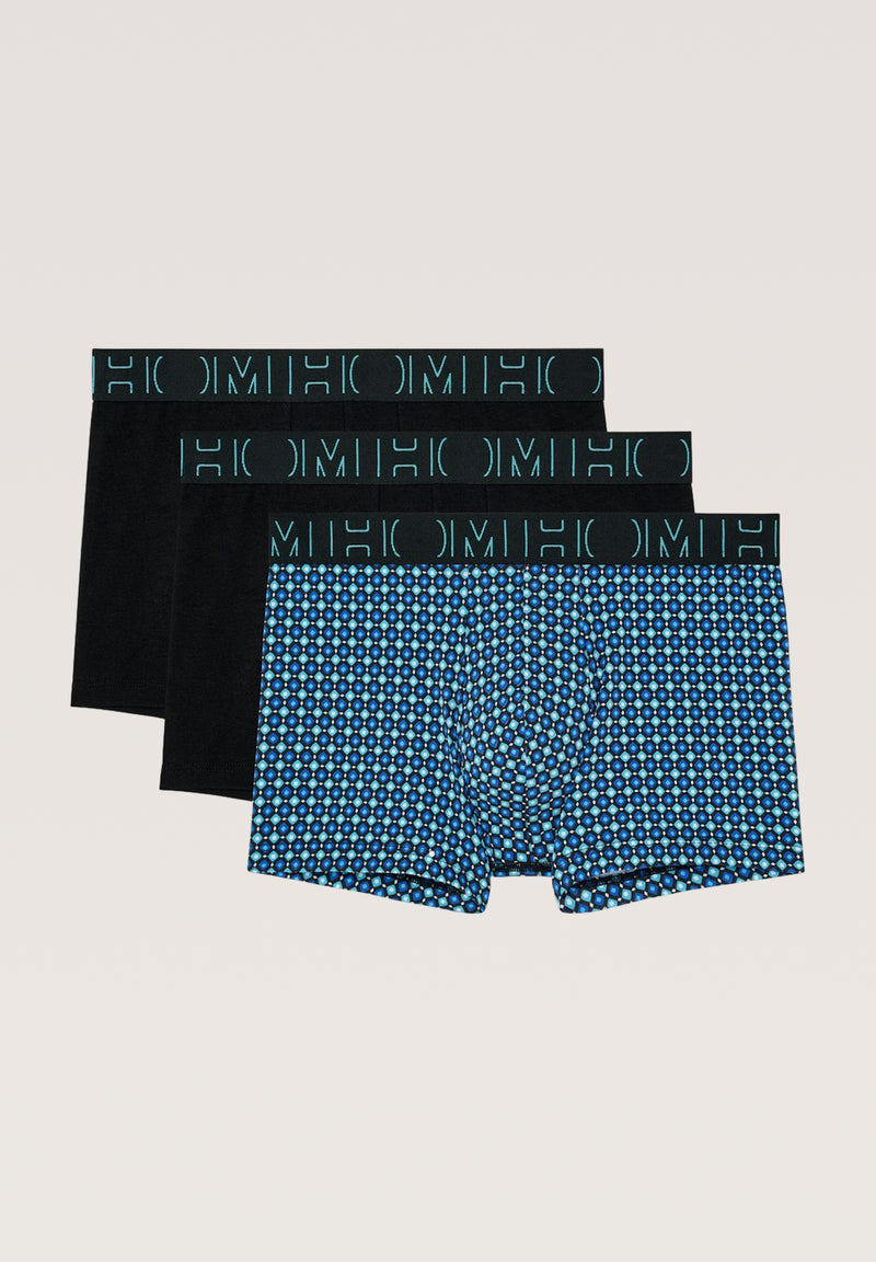 3 pairs of men's boxer briefs, 2 black and one patterned blue, on a light gray background.